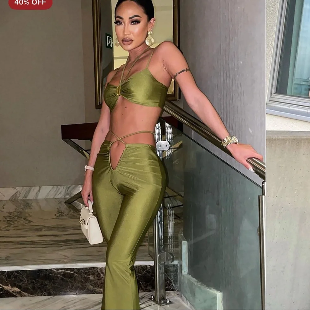 Fashion Nova Olive Green Flare Pant Set - Picture 1 of 3